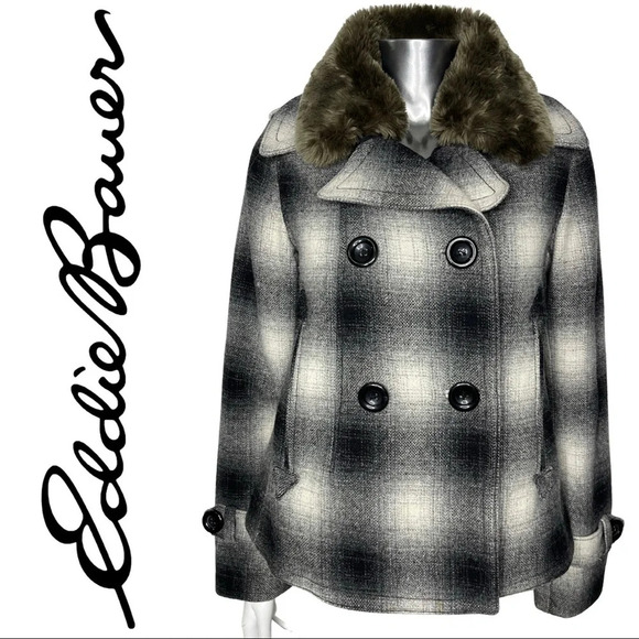 Eddie Bauer Pea Coat Wool Blend Plaid Coat Removable Faux Fur Collar  Size XS - Picture 1 of 10
